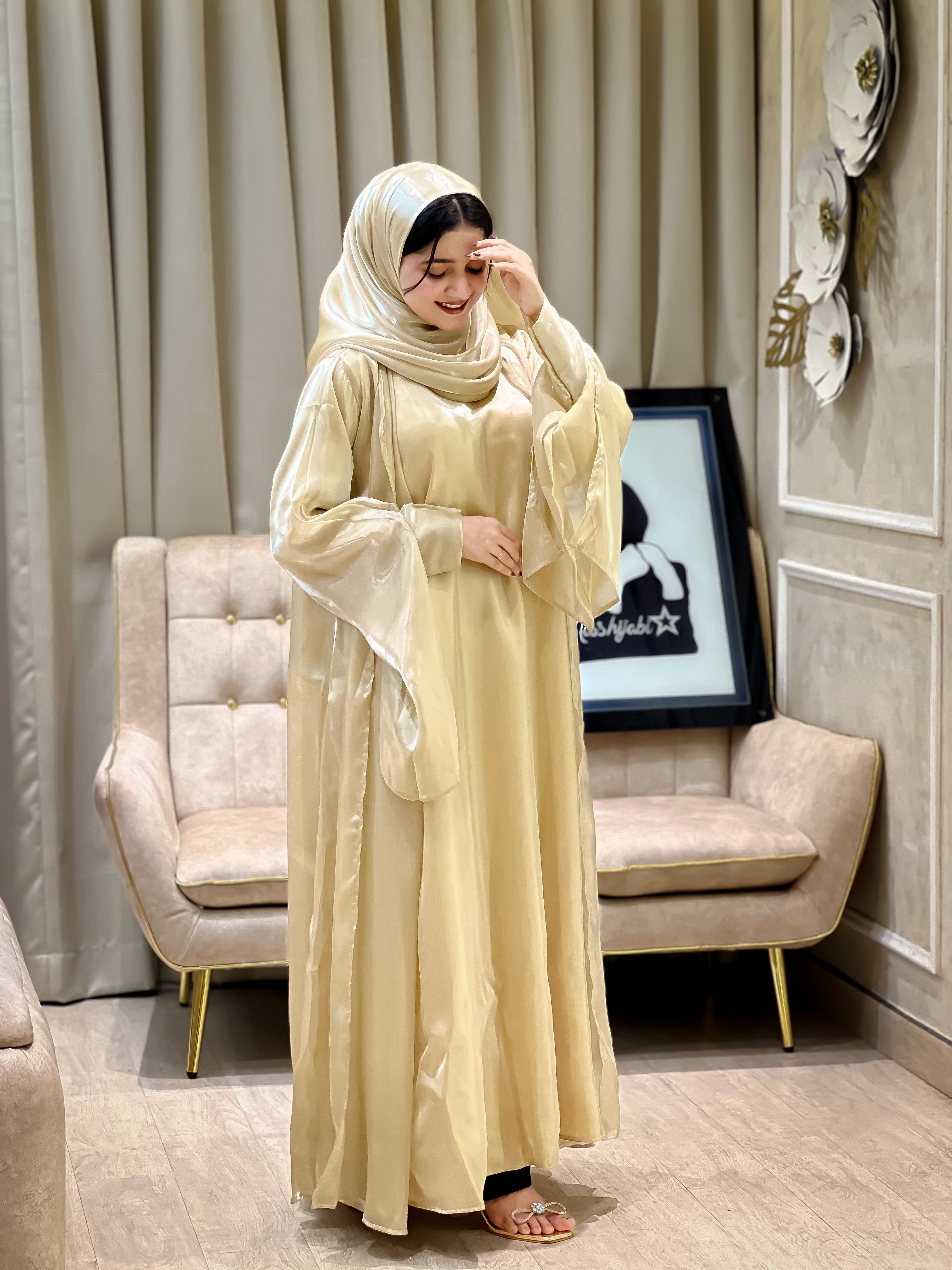 Beige Party Organza Abaya- MH116